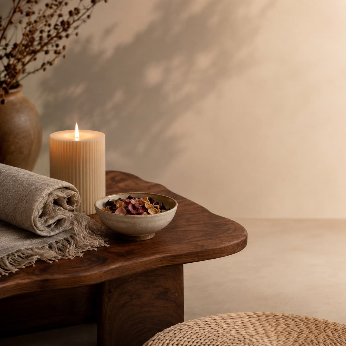 PureBreath Co relaxation ritual - candle and dried flowers